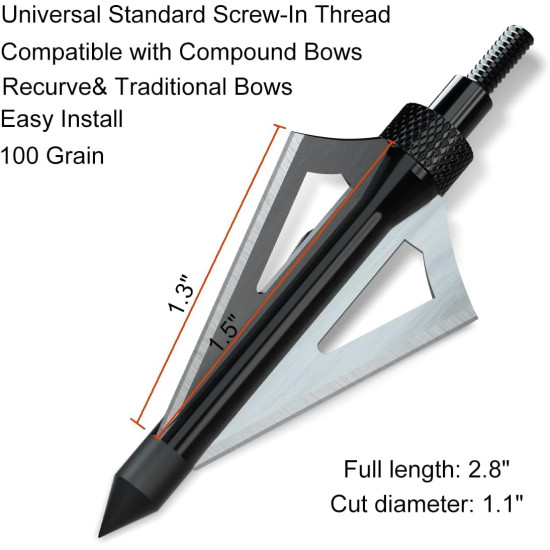 Sinbadteck Hunting Broadheads, 12PCS 3 Blades Bowhunting Broadheads 100 Grain Archery Arrow Broadhead Compatible with Traditional Bows and Compound Bows (Black)